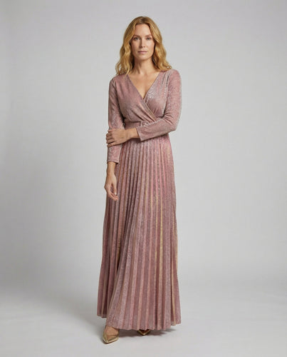 Ladies pleated evening dress with metallic finish