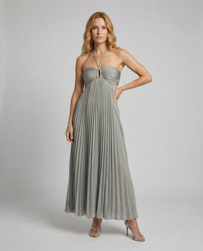 Women's pleated floor-length maxi dress with cut-outs