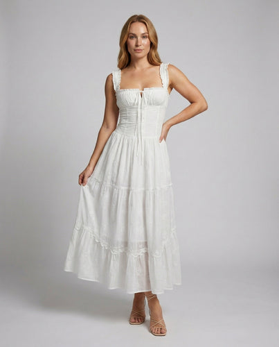 Women's romantic corset maxi dress with tiered skirt