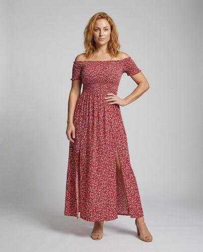 Women's off-the-shoulder maxi dress with smocked bodice