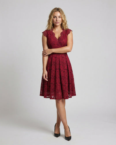 Women's fitted A-line lace dress with flared skirt