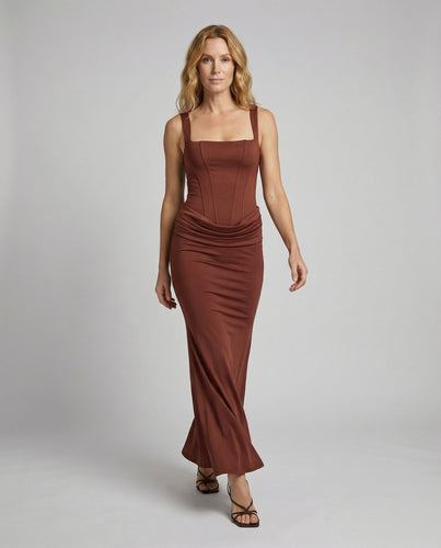 Women tailored corset maxi dress with hip draping