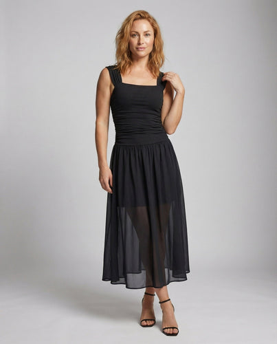 Ladies tailored maxi dress with chiffon overlay