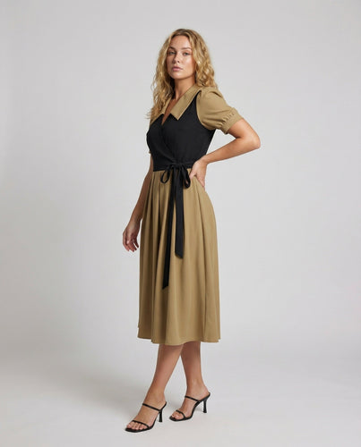 Women's wrap maxi dress with flared pleated skirt