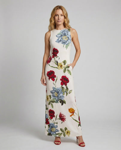 Women's sleeveless maxi dress with large floral print