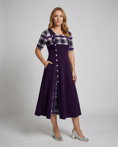 Ladies flared maxi dress with check insert