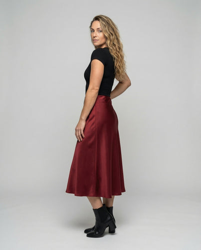 Ladies flowing satin midi skirt in A-line