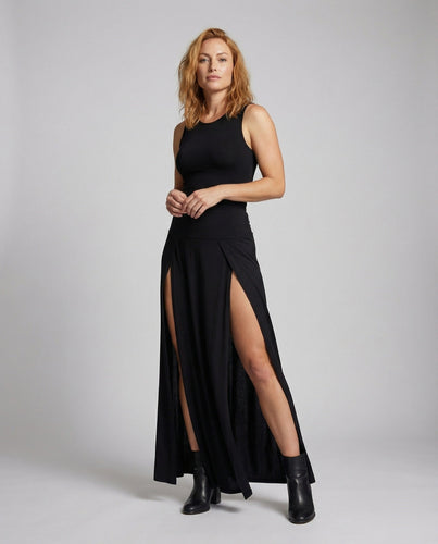 Women's flowing jersey maxi skirt with double slit