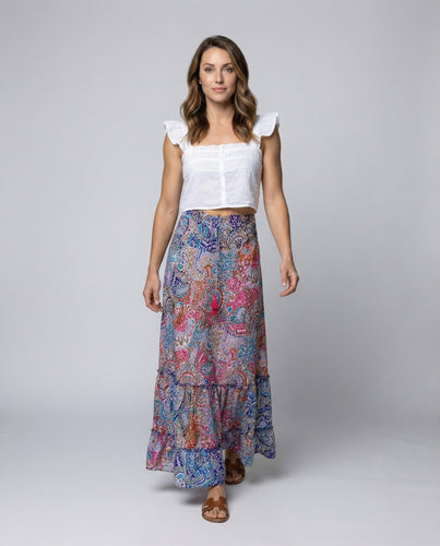 Women's flowing tiered maxi skirt with paisley print