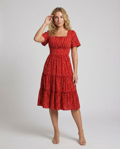Women's gathered tiered dress with waist-accentuating yoke