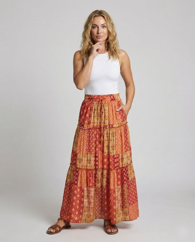 Women's tiered maxi skirt in patchwork boho style
