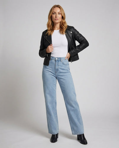 Ladies high-rise denim pants with extra wide leg