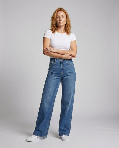Ladies high-waisted denim pants with wide leg