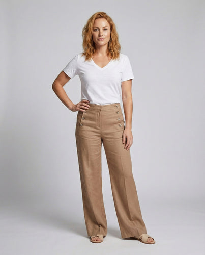 Women's high-waisted linen pants with button placket
