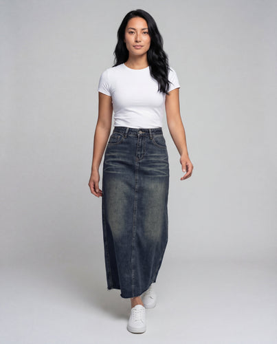 Ladies Denim Long Dress in A-Line with Fringed Hem