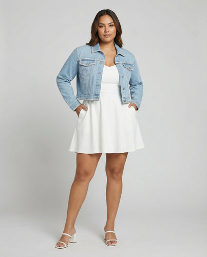 Women short-cut denim blazer with open hem edges