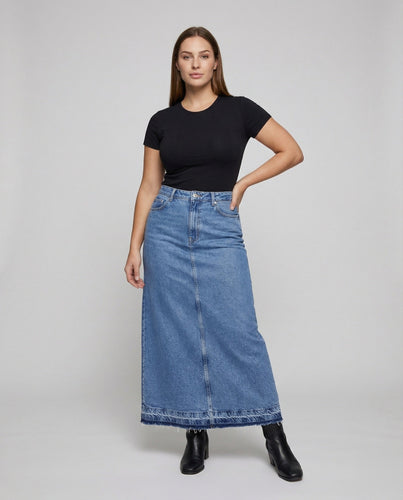 Women's long jeans skirt with center leg slit