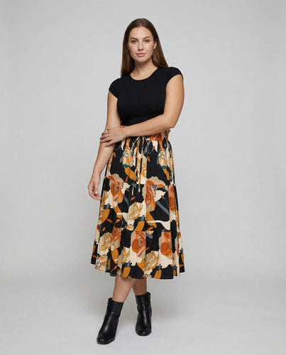 Women's long tiered skirt with paperbag waist