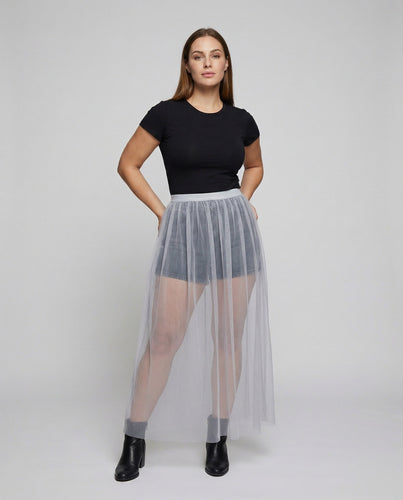 Women's tulle overlay skirt with integrated denim shorts