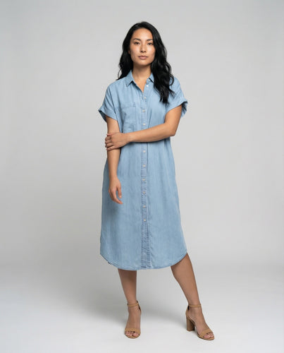 Women's midi dress in shirt blouse style made of chambray