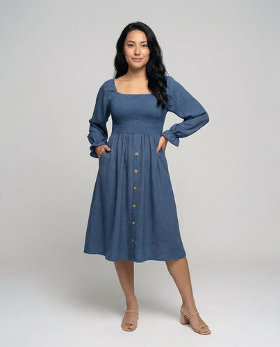Women's Midi Dress with Smocked Bodice and Balloon Sleeves