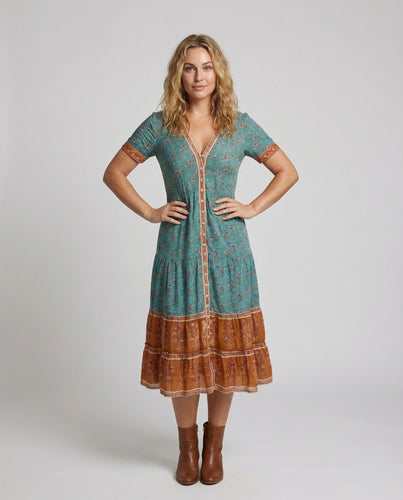 Women's tiered Boho midi dress with button placket