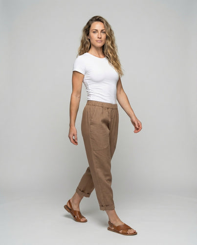 Ladies casual linen blend trousers with rollable hem