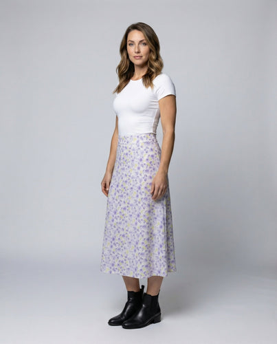 Women's lightly flared midi skirt with watercolor pattern
