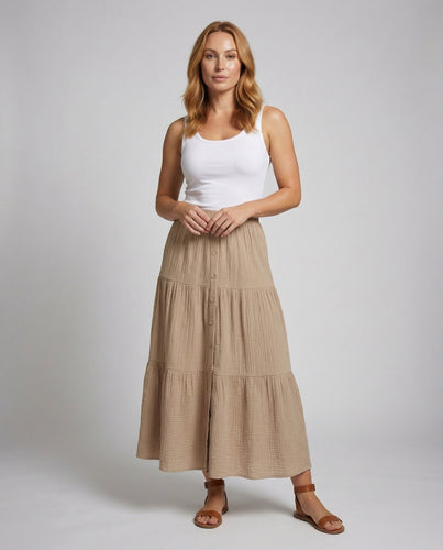 Women's airy tiered maxi skirt in crinkle structure