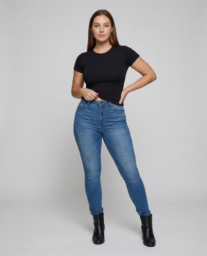 Ladies shaping high-waisted jeans with butt lift