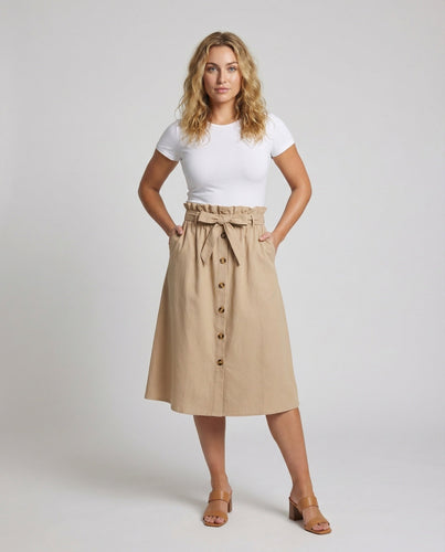Women’s midi skirt with tie belt and button placket