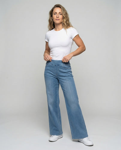 Women's wide pull-on jeans with ribbed waistband