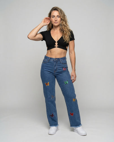 Women's straight jeans with butterfly embroideries