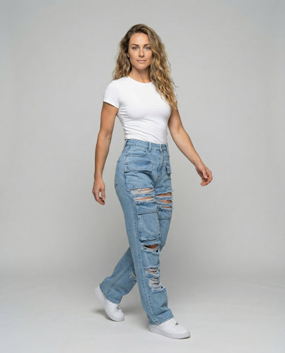 Women's ripped cargo jeans with straight leg