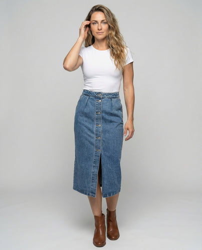 Women's denim midi skirt with continuous button placket