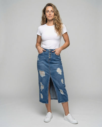 Women's jeans midi skirt with front slit and tears
