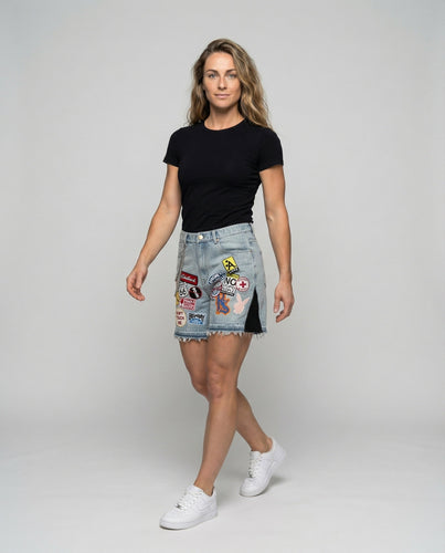 Women's denim shorts with patchwork patches