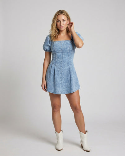 Women Denim Mini Dress Puff Sleeves