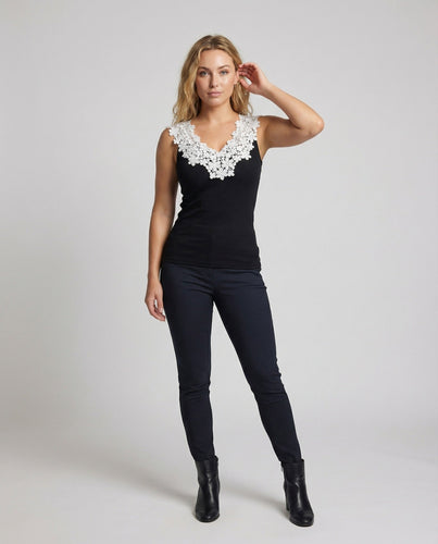 Women Ribbed Top Lace Neckline