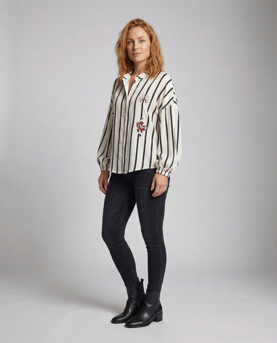 Women’s Shirt Blouse Striped Embroidery