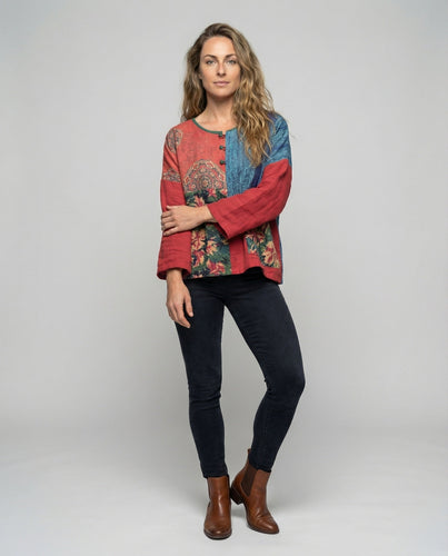 Women's Linen Blouse Patchwork Floral Inserts
