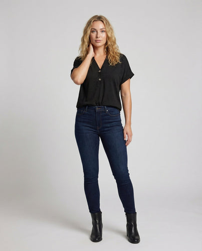Women Casual Henley Mixed Fabric Short Sleeve Shirt