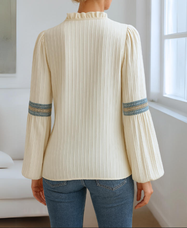 Women's V-Neck Blouse with Ruffled Collar Detail