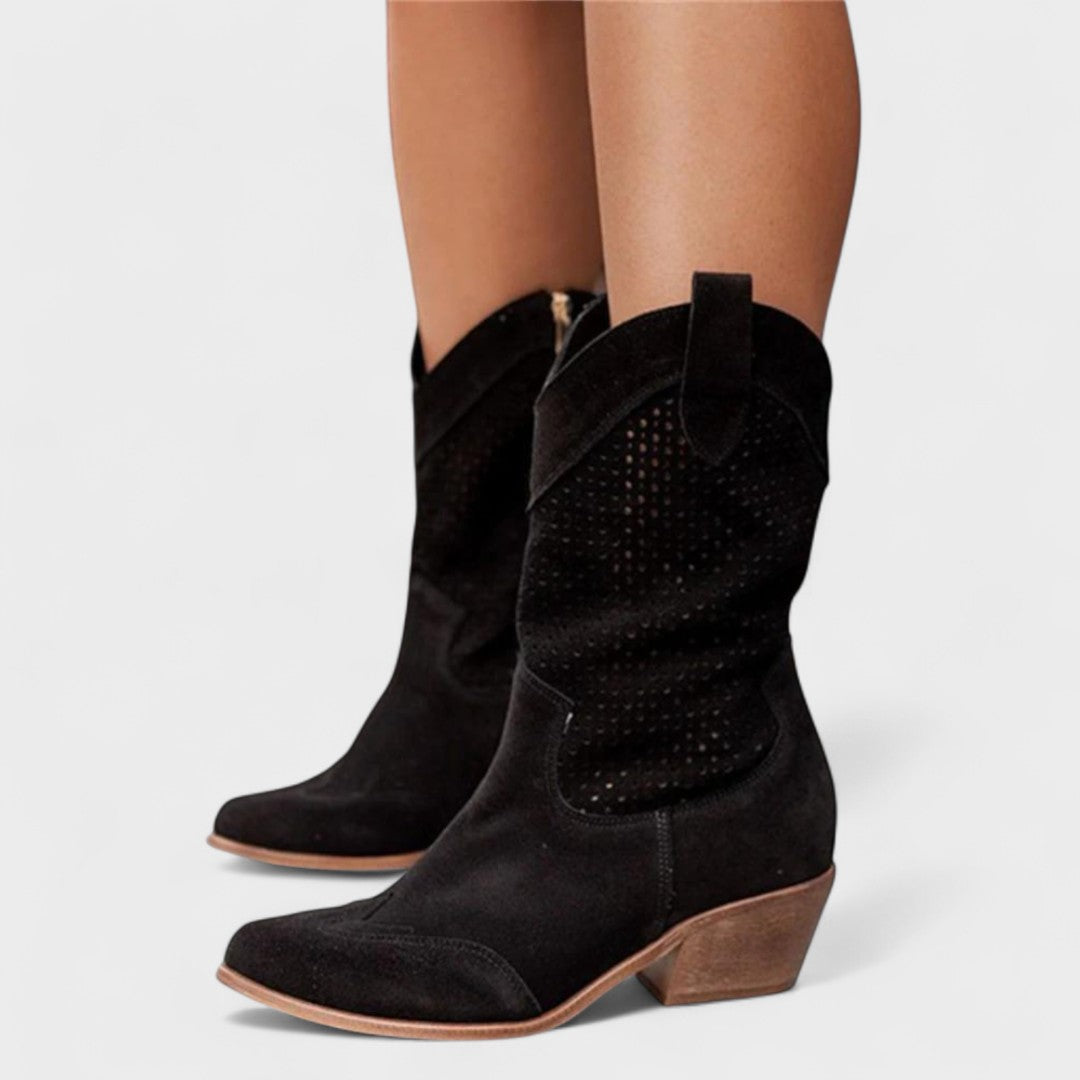 Women's Mid-Calf Boots with Perforated Panel Detail