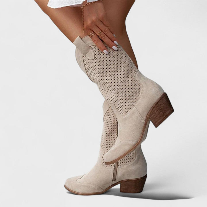 Women's Mid-Calf Boots with Perforated Panel Detail