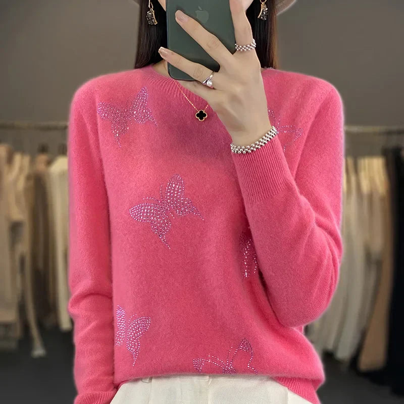 Women's Butterfly Embellished Sweater Round Neck