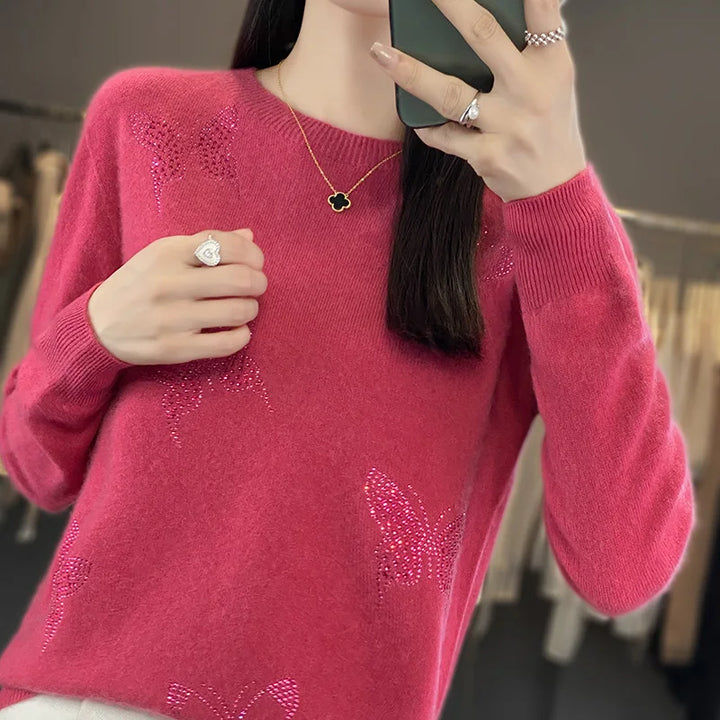 Women's Butterfly Embellished Sweater Round Neck