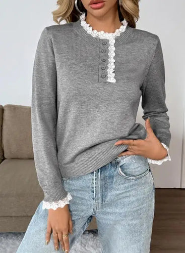 Women's Gray Button Placket Sweater with Ruffle Trim