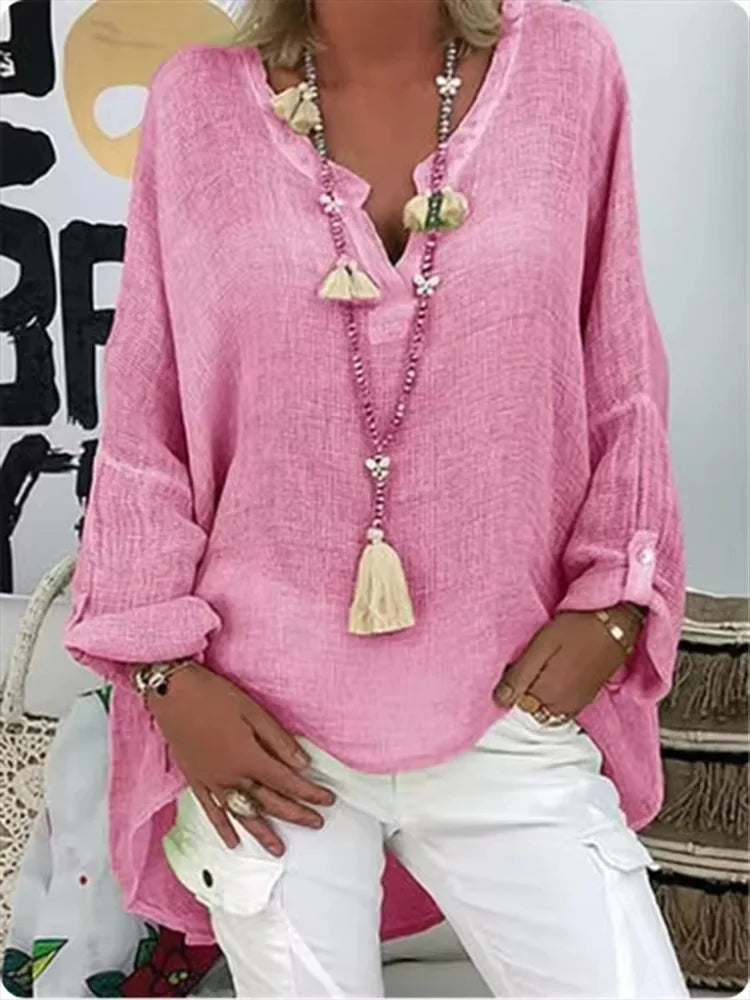 Women's Long Sleeve Blouse with V-Neck and Loose Fit