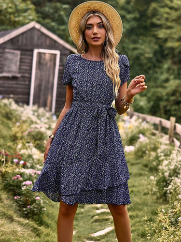 Women's Floral Dress Tie Waist Short Sleeve Midi